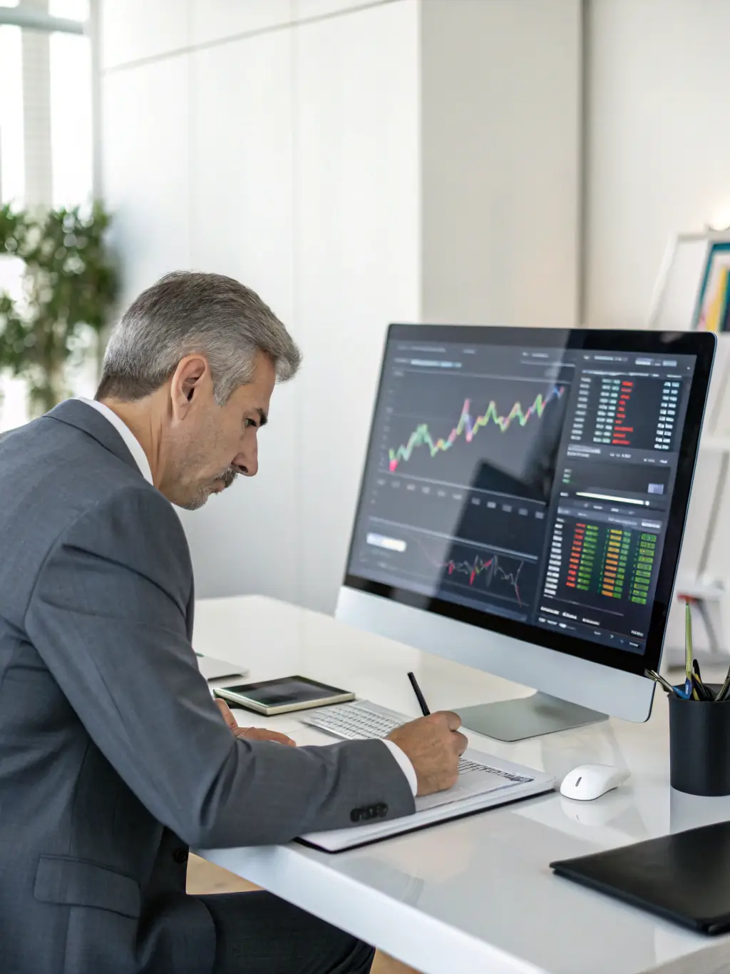 A professional financial advisor reviewing a client's investment portfolio on a laptop, with charts and graphs displayed on the screen, in a modern office setting.
