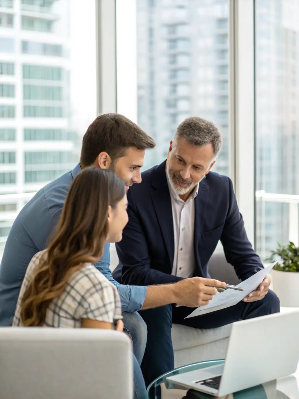 A senior financial consultant explaining investment strategies to a young professional couple in a bright, modern office, using a tablet to display potential growth scenarios.